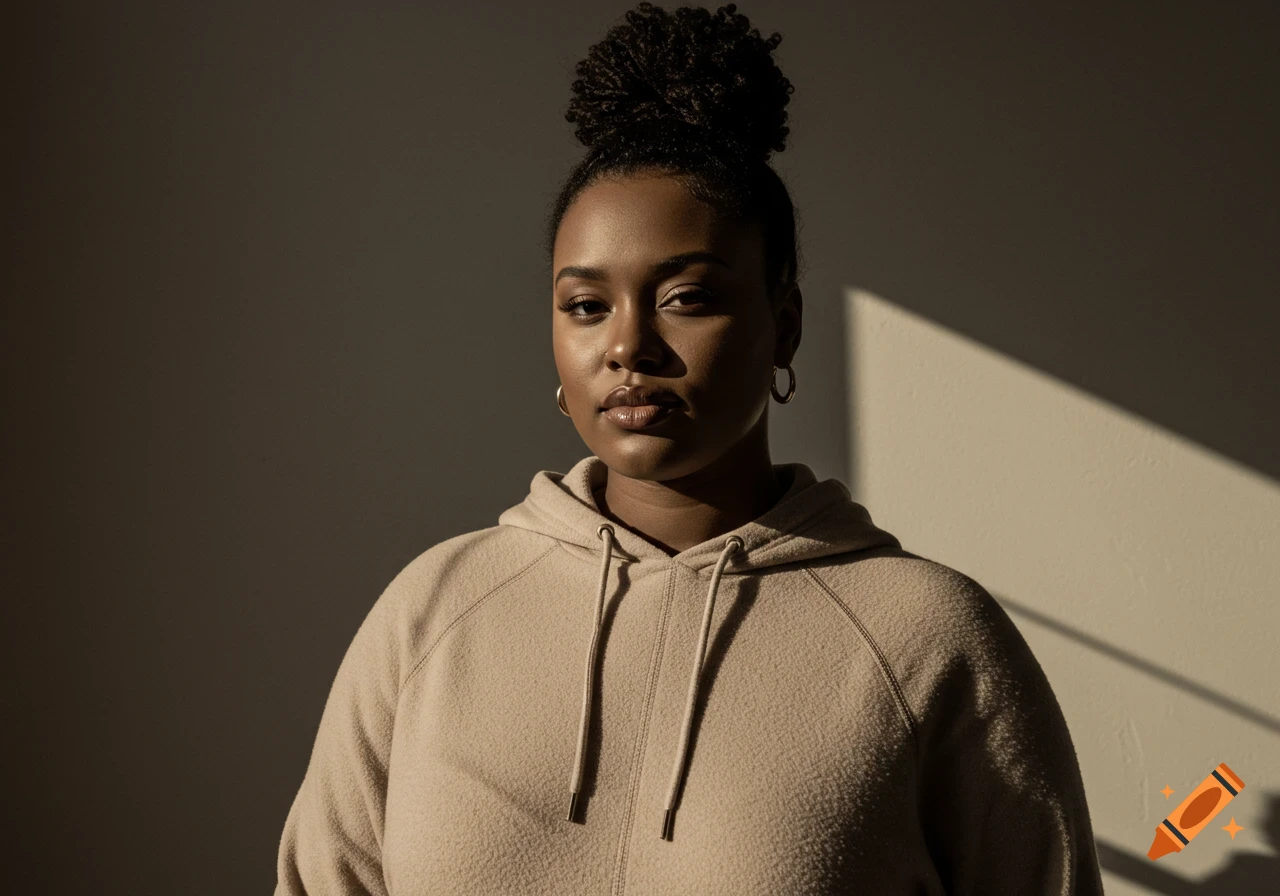 A woman with her hair in a bun wears a beige hoodie, bathed in warm sunlight and shadow from the side.