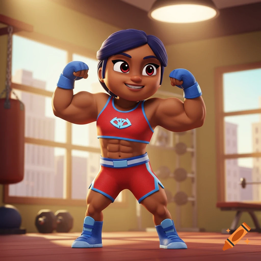 Cartoon female character with dark skin and purple hair flexing muscles in a gym, wearing a red and blue sports outfit, in a Disney Jr style.