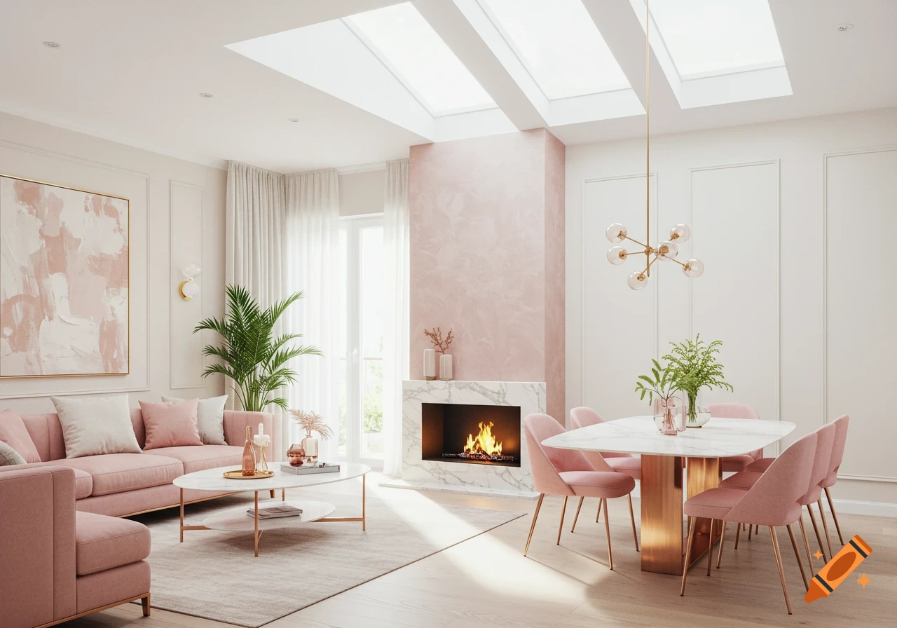 A luxurious open-concept living and dining room with high ceilings, skylights, and blush pink, white, and rose gold decor.