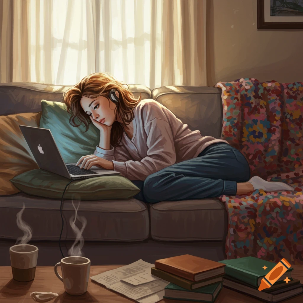A sleepy girl with headphones on, working on a laptop while lying on a cozy couch with steaming mugs and books nearby.