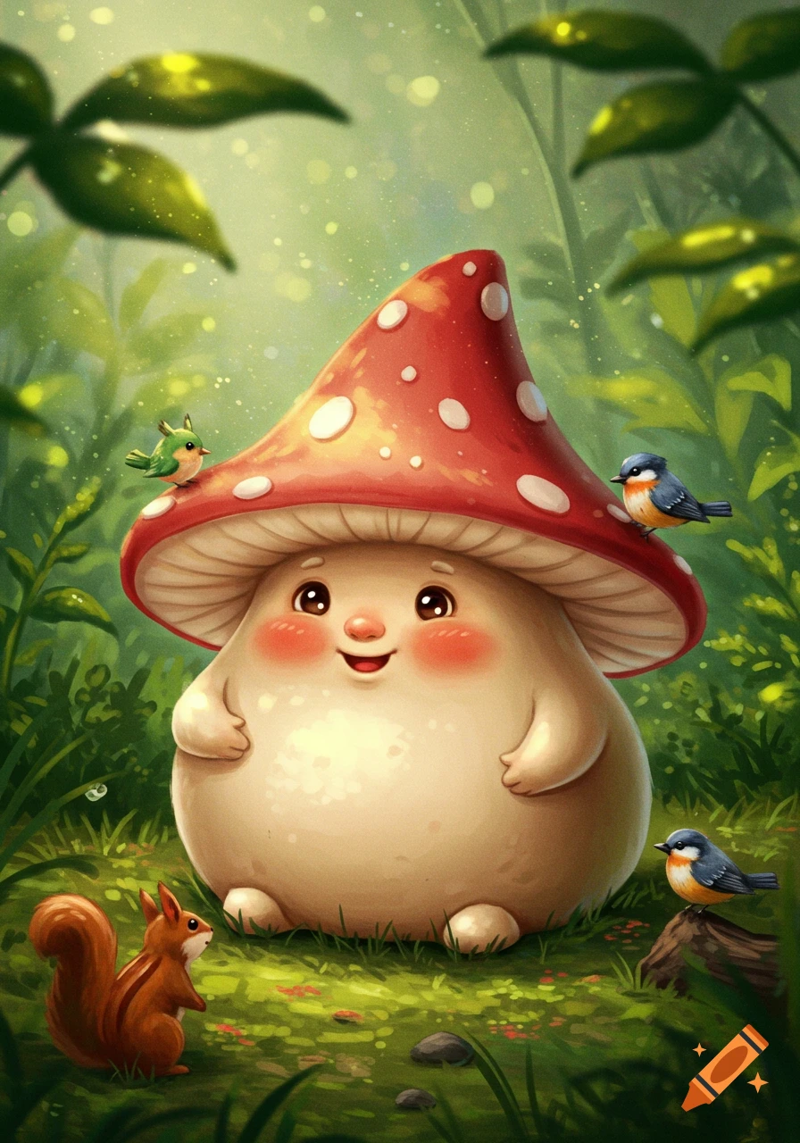 A cute, plump mushroom character with a red and white polka dot cap stands in a lush forest with small birds and a squirrel.