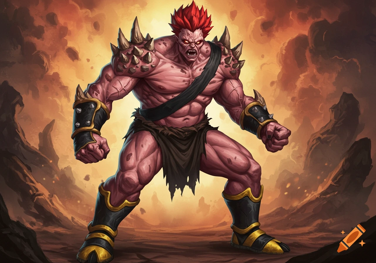 A muscular, red-skinned monster with spiky red hair and spiked shoulders stands aggressively in a fiery, volcanic landscape.