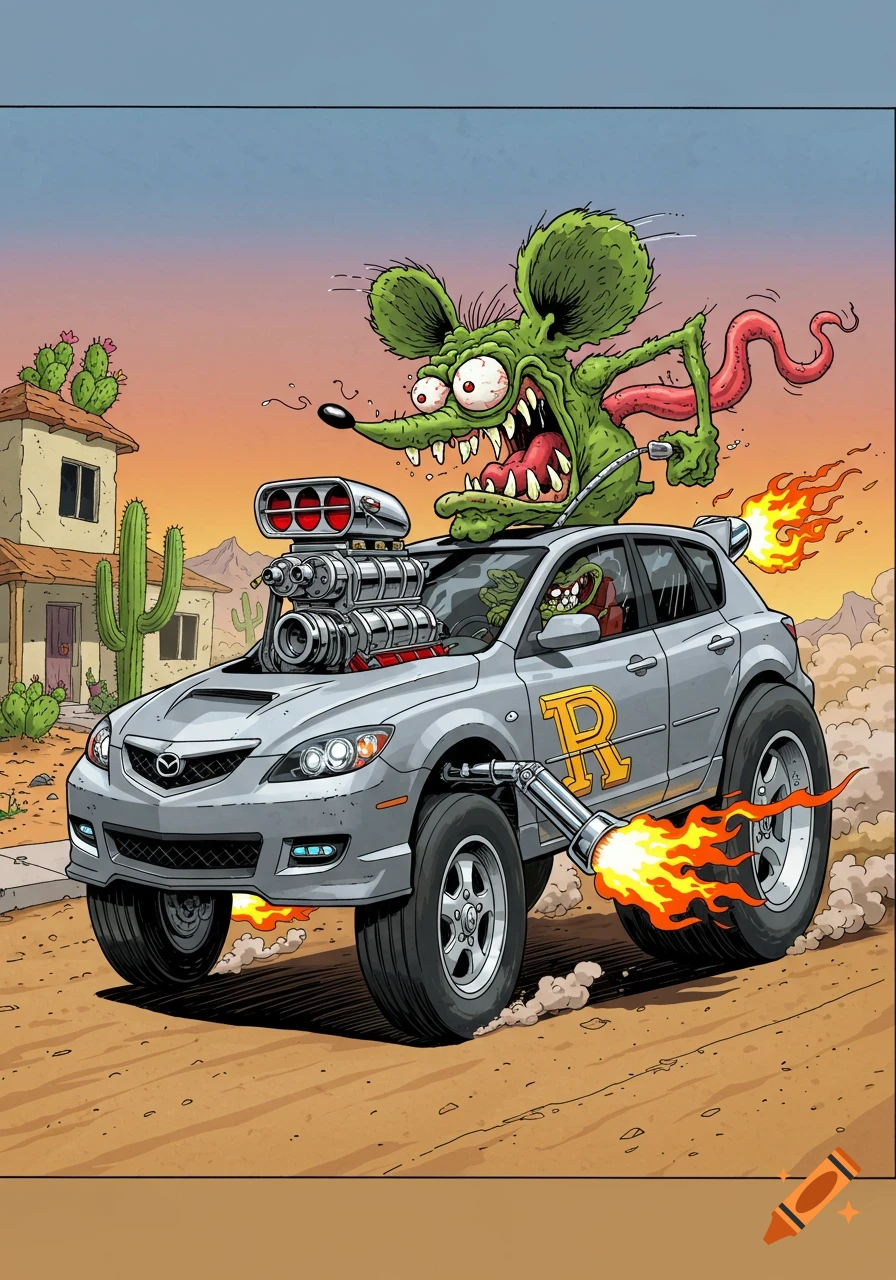 Cartoon green rat monster driving a silver hot rod car with a giant supercharger and flames in a desert neighborhood.