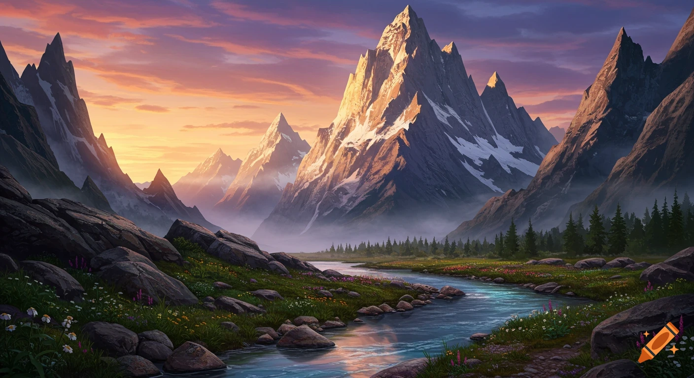 Photorealistic mountain landscape with a winding river flowing through a lush valley at sunrise.