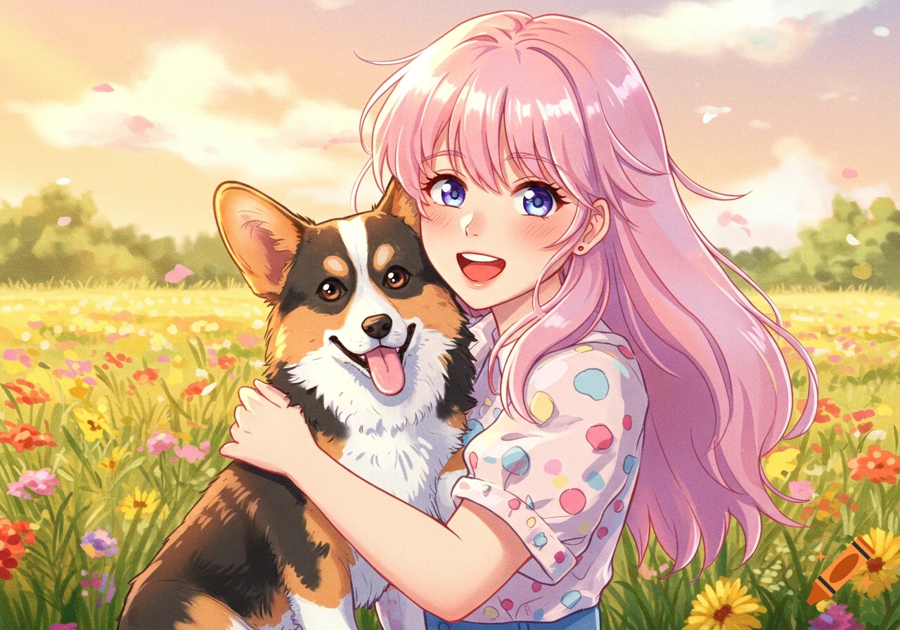 An anime girl with pink hair hugging a tricolor corgi in a field of colorful flowers.