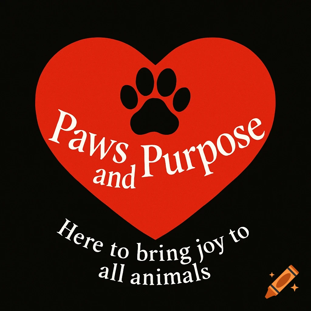 Red heart with a black paw print and the text 'Paws and Purpose' and 'Here to bring joy to all animals' on a black background.