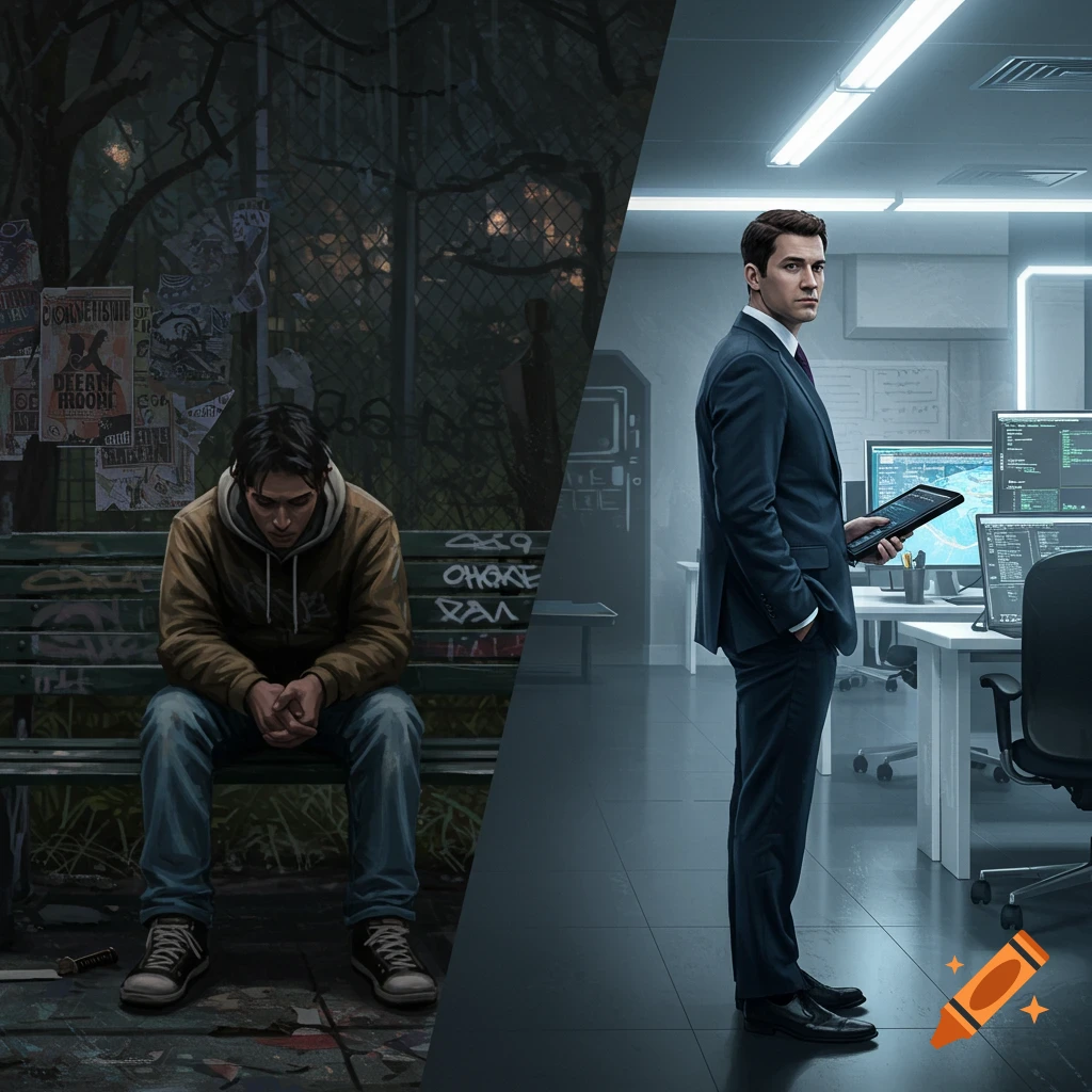 A diptych showing a man in two stages of life: on the left, he is a scruffy college dropout sitting on a bench; on the right, he is a successful engineer in a modern office.