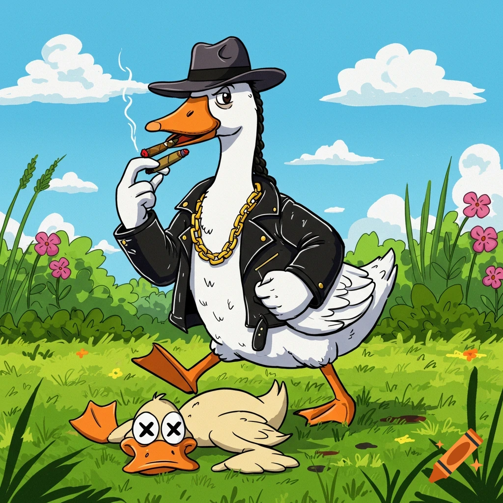 A cartoon gangsta goose wearing a hat, leather jacket, and gold chain walks past a dead duck in a grassy field, smoking a cigar.