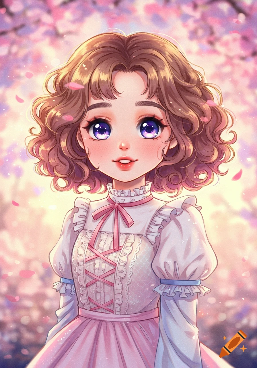 An anime girl with curly brown hair and large purple eyes smiles, wearing a white and pink frilly dress, surrounded by pink cherry blossoms.