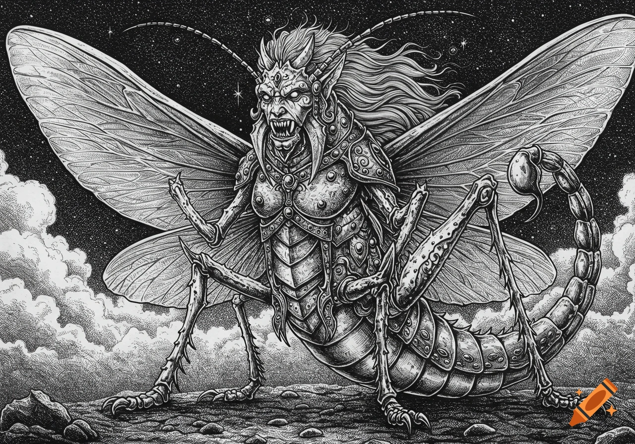 A monstrous locust creature with a human face, lion teeth, female hair, armored body, and scorpion tail, in a detailed black and white sketch style. It stands on a rocky ground under a starry sky.