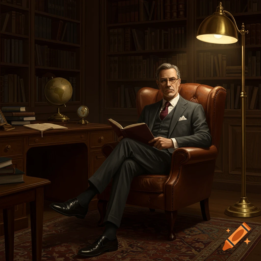 A distinguished man in a suit and glasses reads a book in a leather armchair within a dimly lit library with bookshelves.