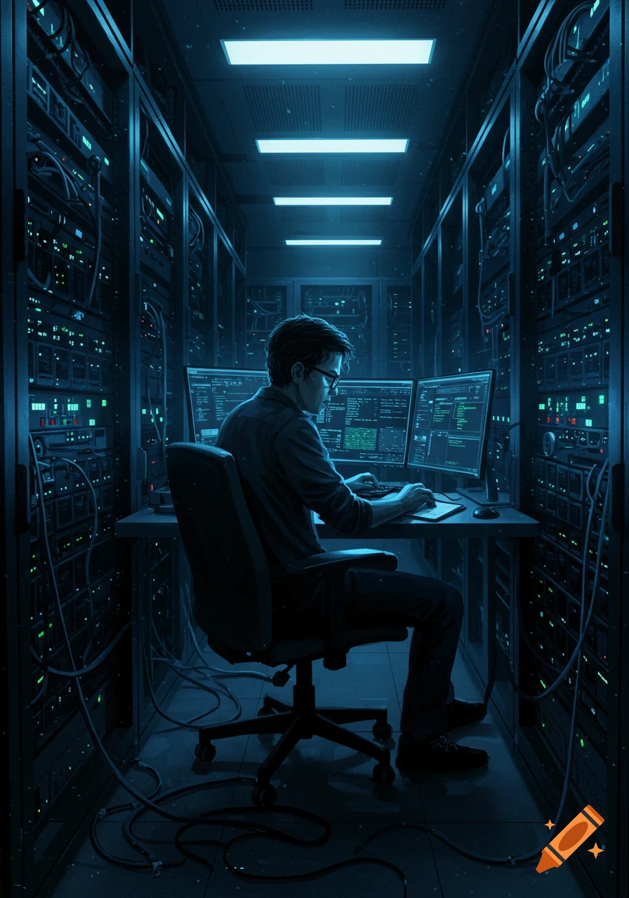 A person in glasses works on multiple computer monitors in a dark, blue-lit server room filled with server racks, photorealistic.