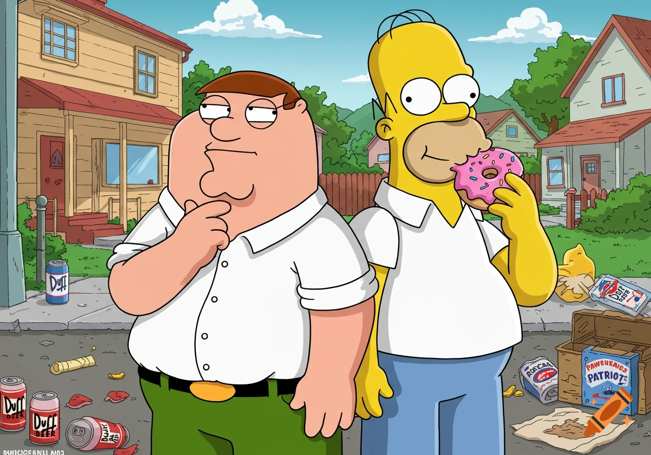 Peter Griffin looking thoughtful next to Homer Simpson eating a donut on a sunny suburban street.