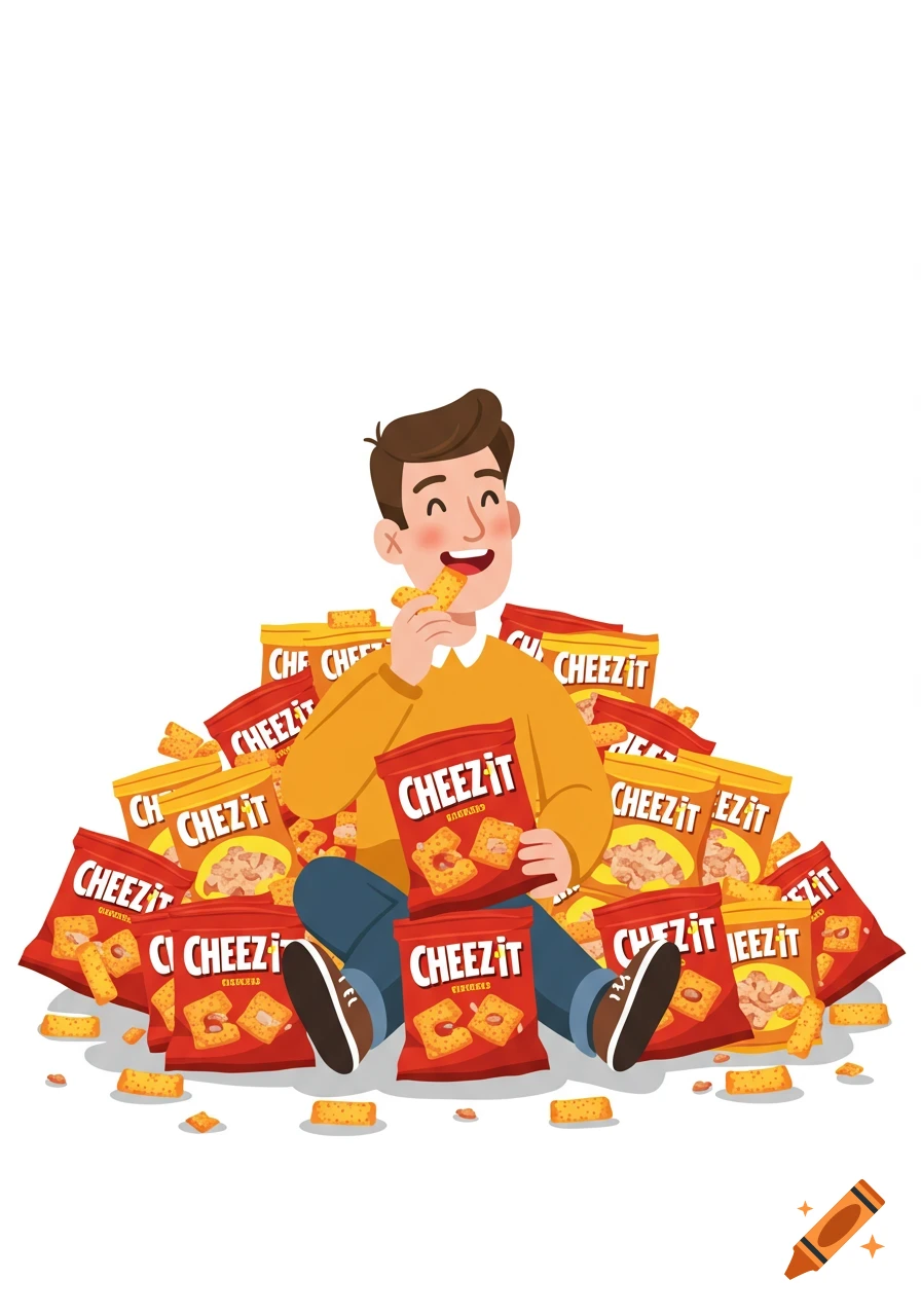 An illustration of a man sitting in a large pile of Cheez-It bags and eating a cracker.