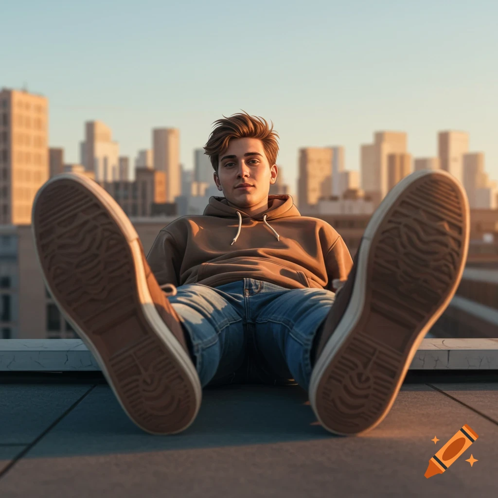 Young man in a hoodie and jeans sits on a rooftop with his feet propped up towards the camera, city skyline in background.