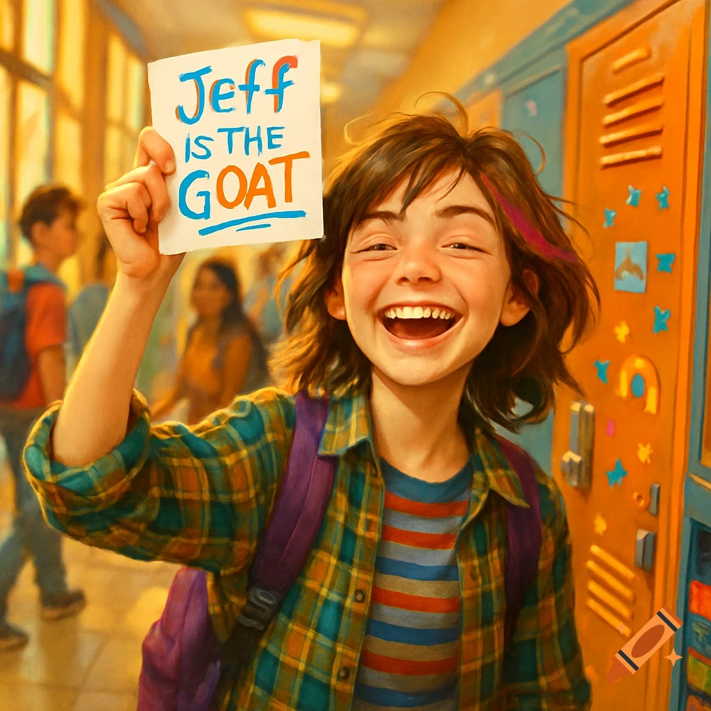 A smiling girl in a plaid shirt holds a sign reading 'Jeff IS THE GOAT' in a brightly lit school hallway, digital illustration.