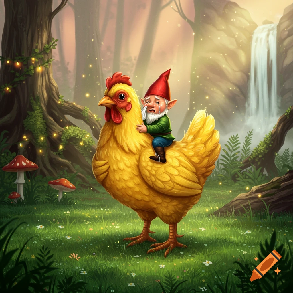 A crying gnome with a red hat rides on the back of a giant yellow chicken in an enchanted forest with a waterfall.