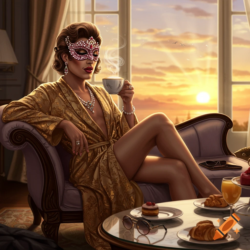 A woman in a golden robe and jeweled eye mask sips coffee while relaxing in a luxurious room at sunrise, with breakfast items on a table.