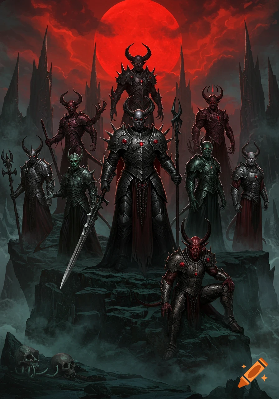 Armored horned demons with red eyes stand on dark rocks under a giant blood-red moon in a dark fantasy setting.