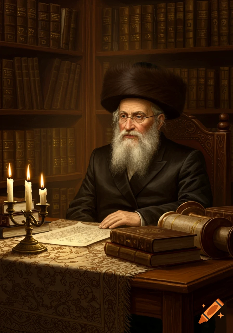 A distinguished elderly Hasidic Rebbe with a long white beard and fur hat sits at a candlelit table in a library, surrounded by books and scrolls.