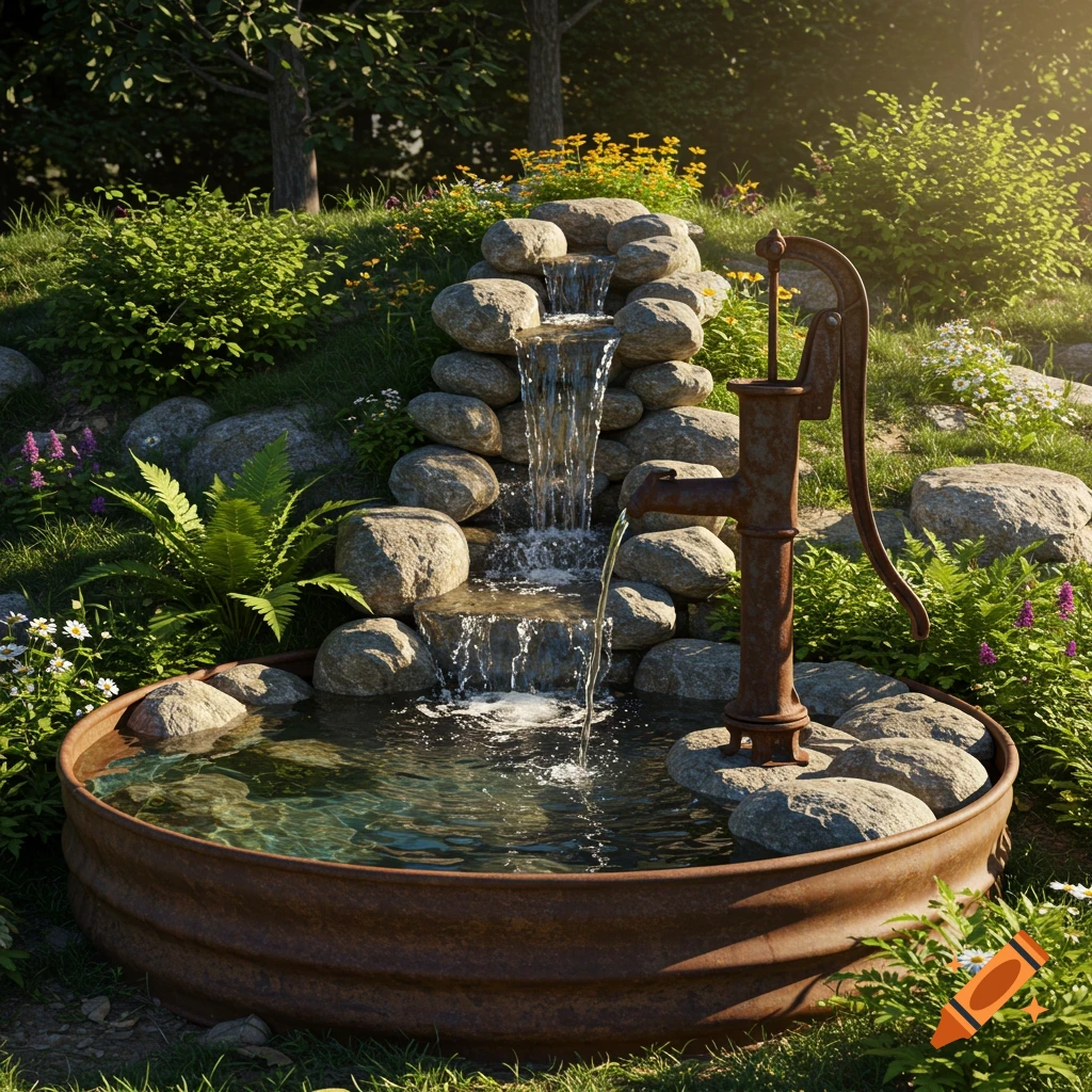 A photorealistic image of a rustic garden with a stock tank pool, a rock cascading waterfall, and an antique well hand pump.