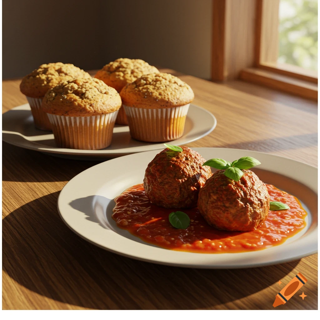 Two meatballs in tomato sauce with basil on a white plate, and a plate of muffins behind them, on a wooden table near a window.