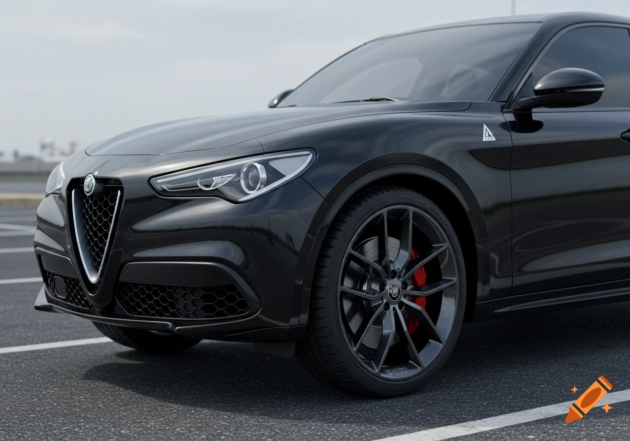 A close-up of a black Alfa Romeo SUV parked outdoors, showing its front grille, headlights, and dark grey Vossen wheels with red brake calipers.