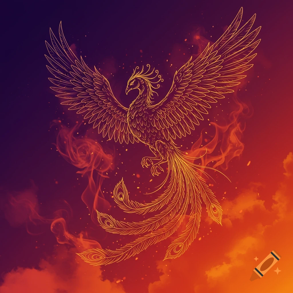 A stylized golden outline of a phoenix with spread wings, rising from flames against a dark to fiery orange gradient background.