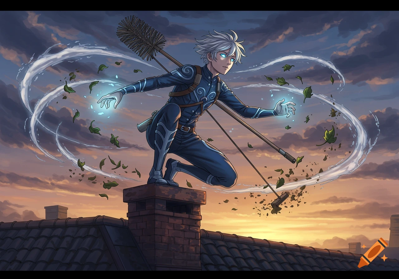 An anime wind mage chimney sweep with white hair crouches on a rooftop, using magic to swirl leaves against a sunset sky.