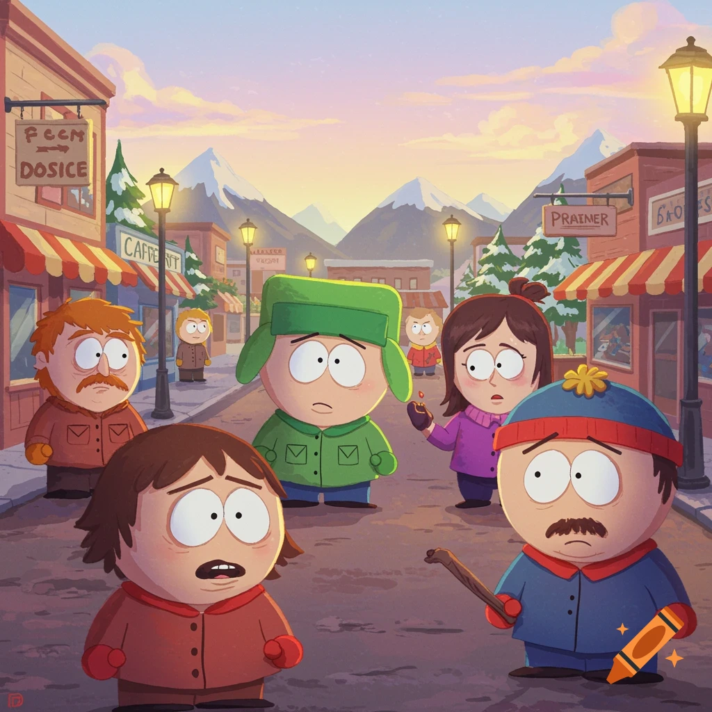 Cartoon characters resembling South Park adults stand in a snowy town street with shops and mountains in the background at sunset.