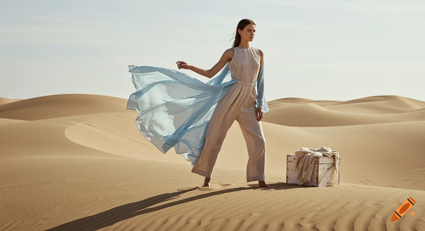 A model in a flowing light blue and beige outfit stands on sand dunes in a sunny desert.