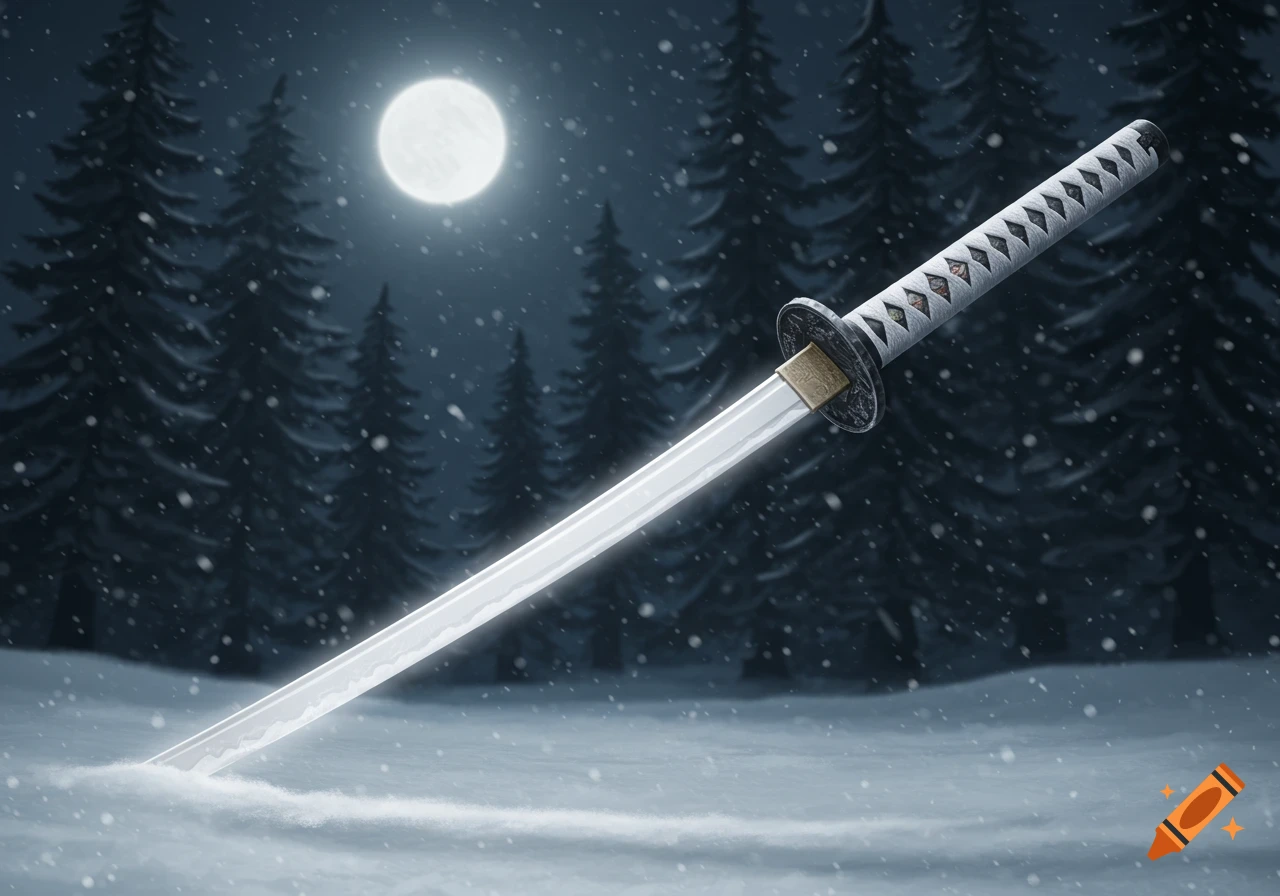 A glowing nagamaki sword stands upright in the snow of a dark winter forest under a full moon with falling snowflakes.