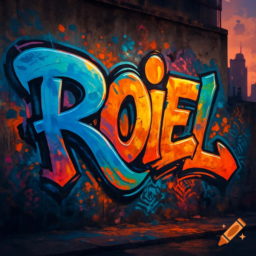 Vibrant graffiti art spelling ROIEL on a wall with orange and blue colors, city skyline at sunset.