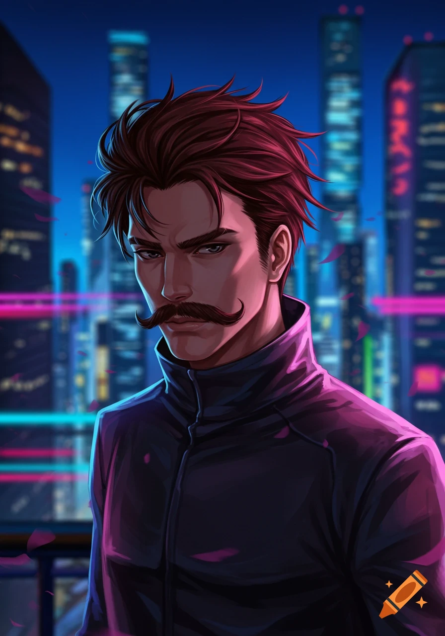 An anime-style portrait of a man with red-brown hair and a curled mustache, wearing a dark jacket, against a neon city background.