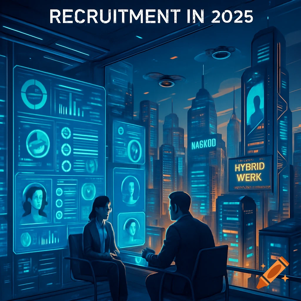 Two people in business attire sit in a futuristic office, looking out at a cyberpunk city skyline with flying vehicles and glowing buildings. Large holographic screens with data and profiles are visible inside the office.