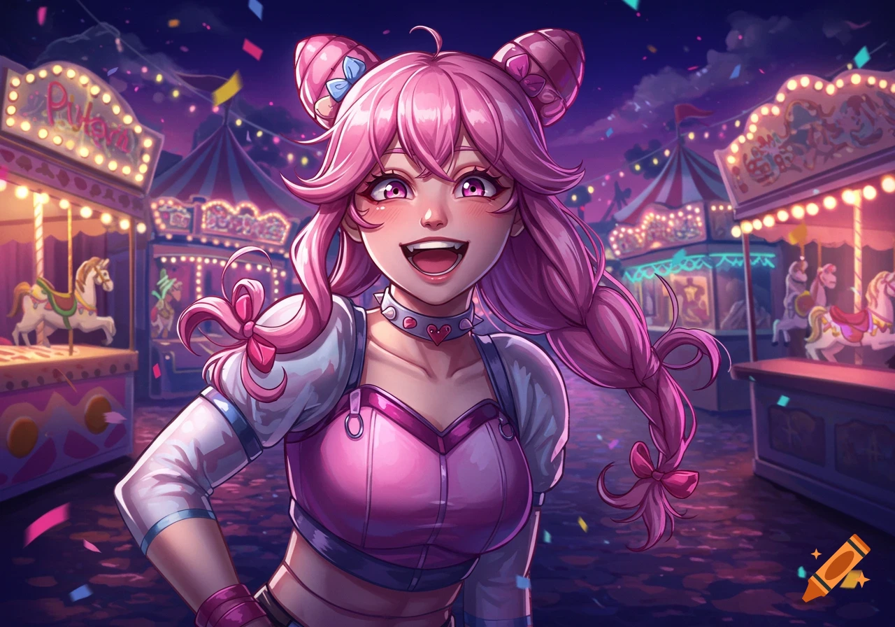 Anime girl with pink hair smiling at a nighttime carnival with carousels and tents in the background.