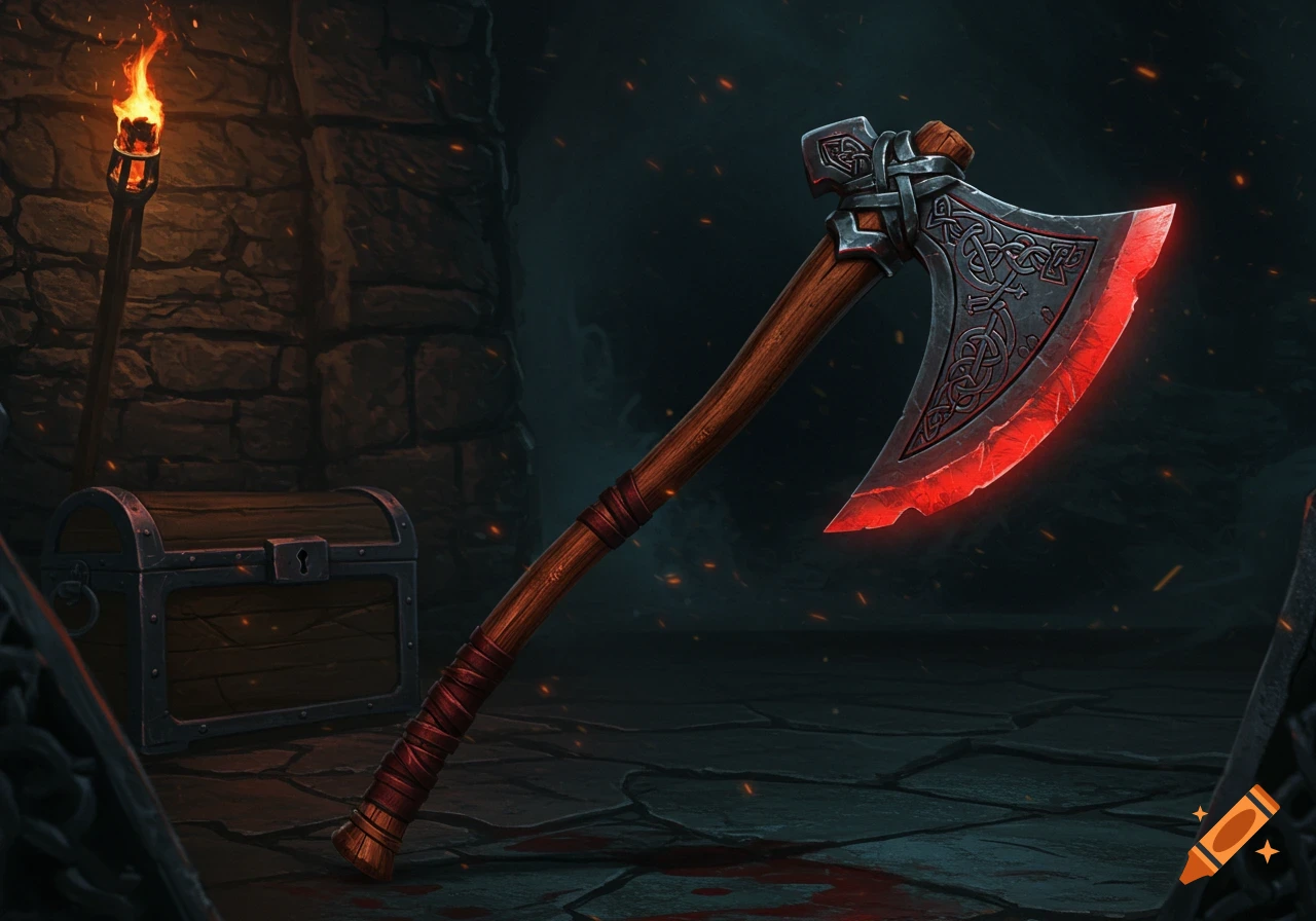 A fantasy great axe with a glowing red blade and runic designs rests on a dark dungeon floor with bloodstains, next to a torch and wooden chest.