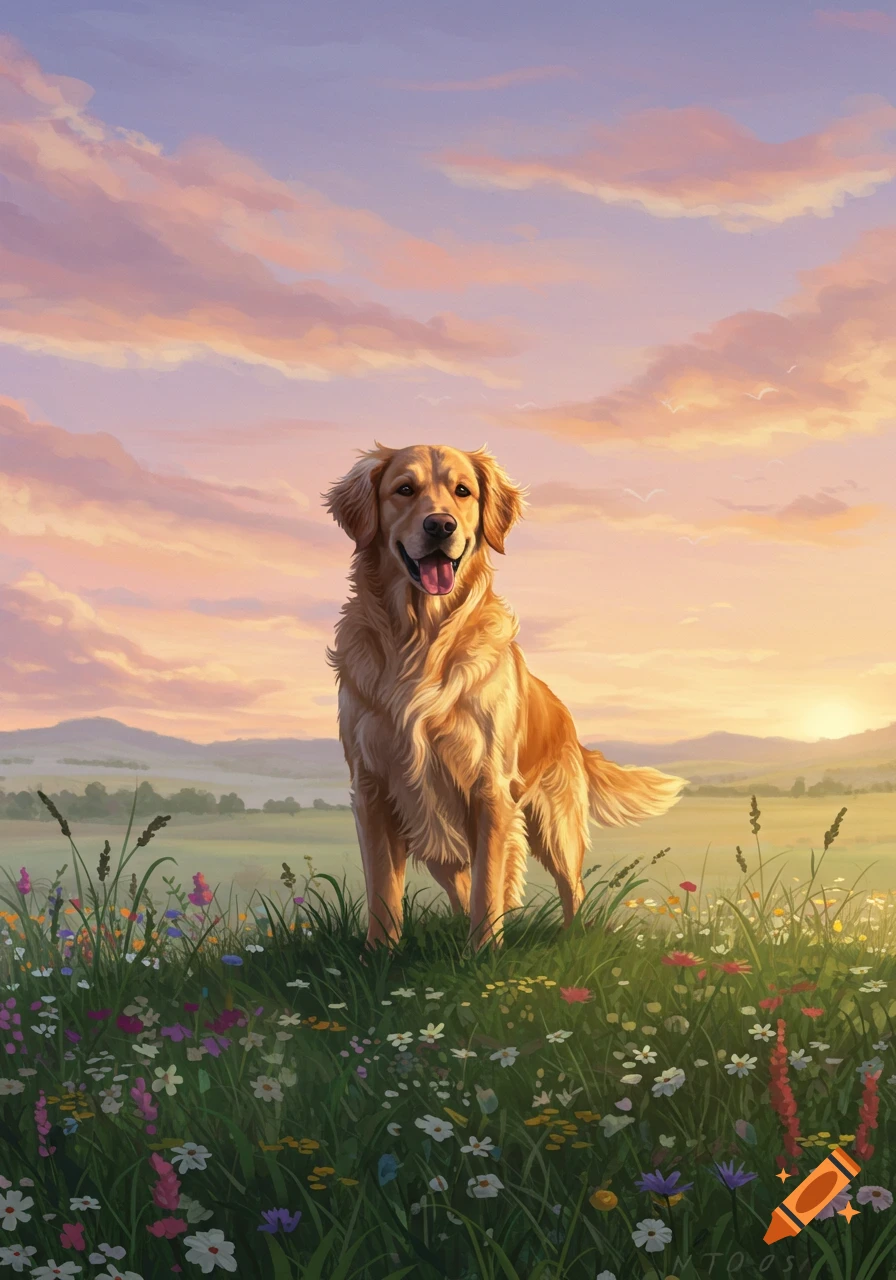 A golden retriever stands in a colorful wildflower field under a vibrant sunset sky with distant mountains.