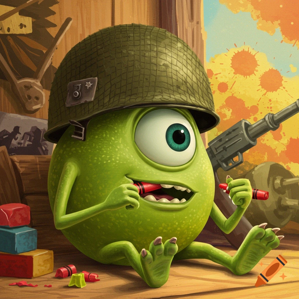 Mike Wazowski in a military helmet sits eating a red crayon, with toy blocks and a rifle in the background. Cartoon digital art.