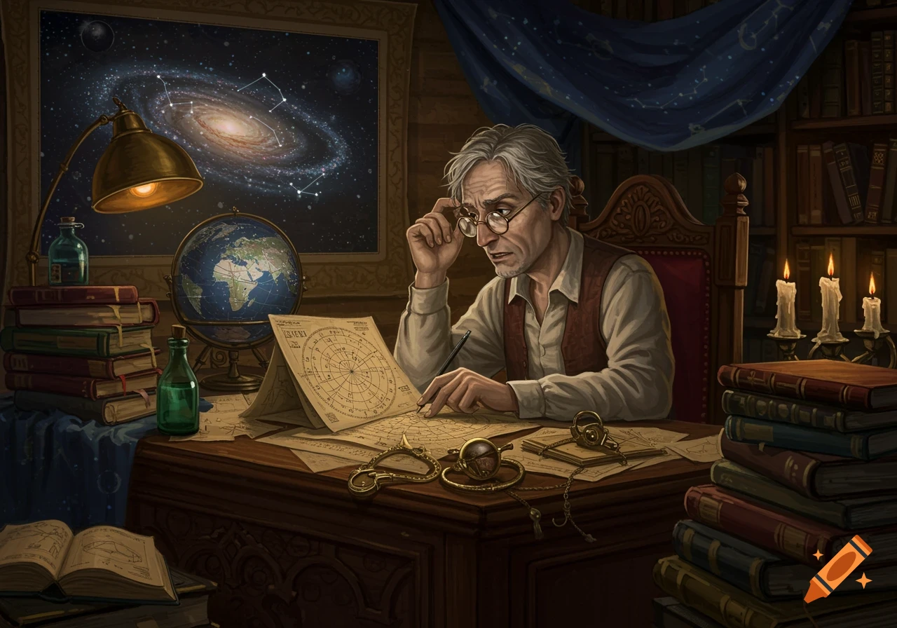 An old astrologer with spectacles studies a celestial chart at a desk filled with books, a globe, and an illuminated galaxy map in a dimly lit study.