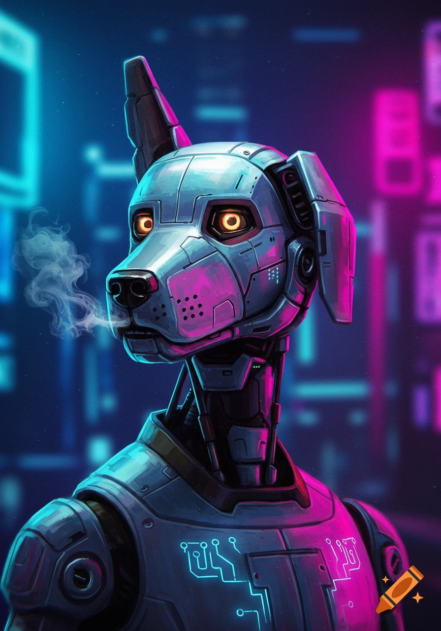 A close-up of a futuristic robot dog with glowing orange eyes, blue and pink neon lights, and smoke coming from its mouth.