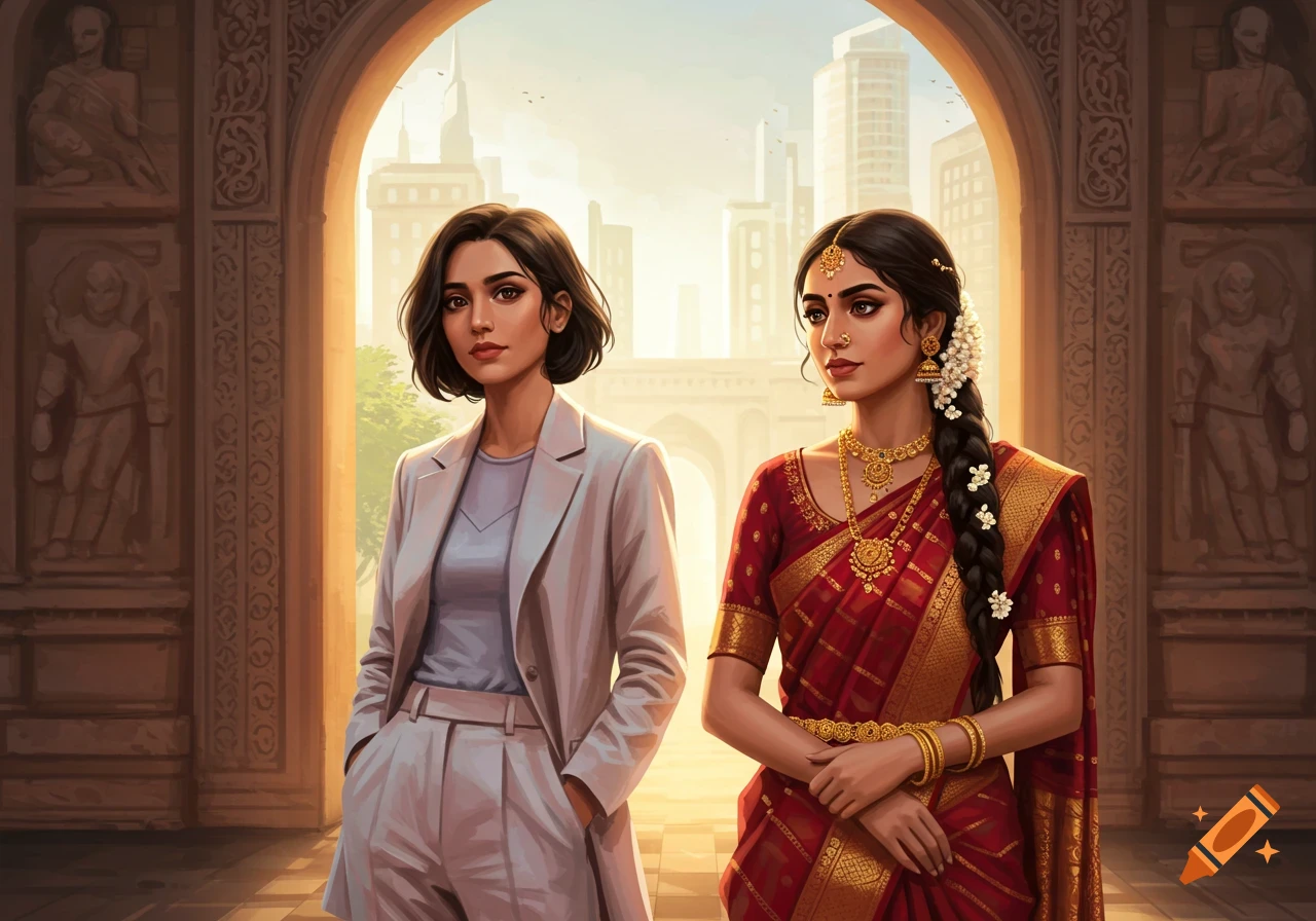 Two South Asian women, one in a modern suit and one in a traditional red saree, stand in an archway with a cityscape.