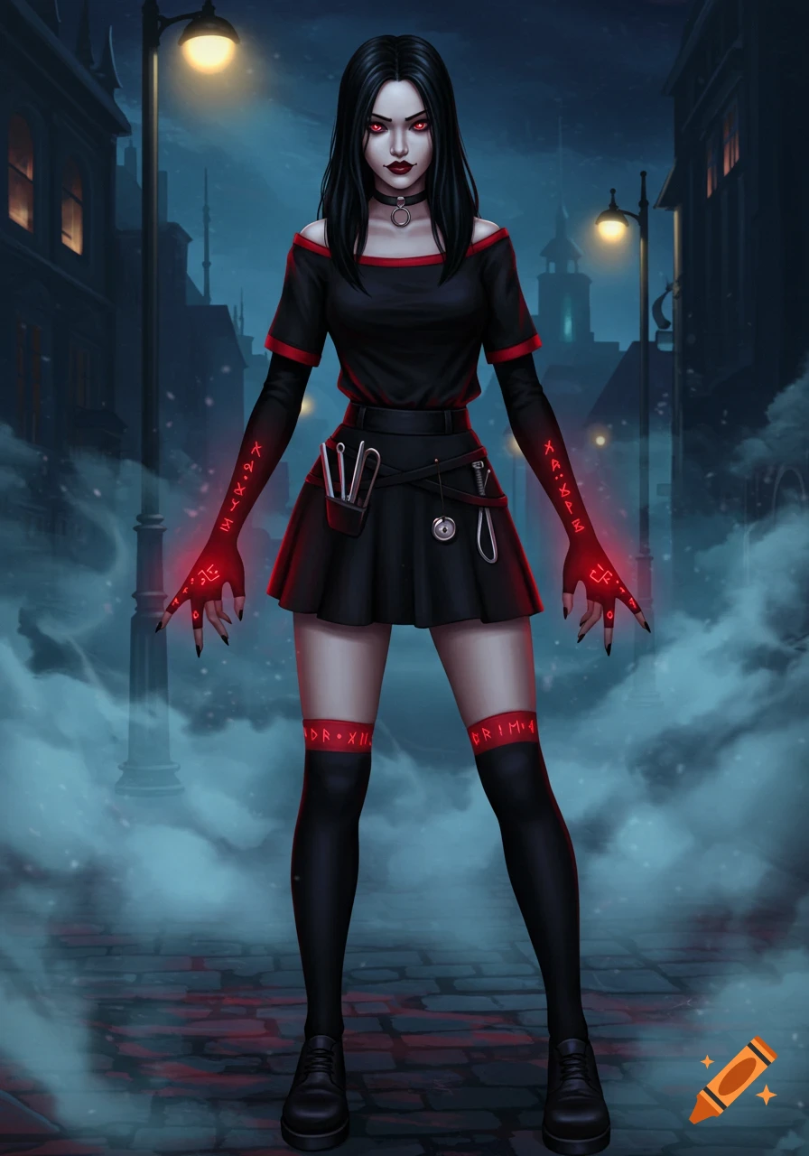 A dark-haired woman with red eyes and glowing runes on her arms and legs stands in a misty city street at night, dressed in black and red gothic attire.