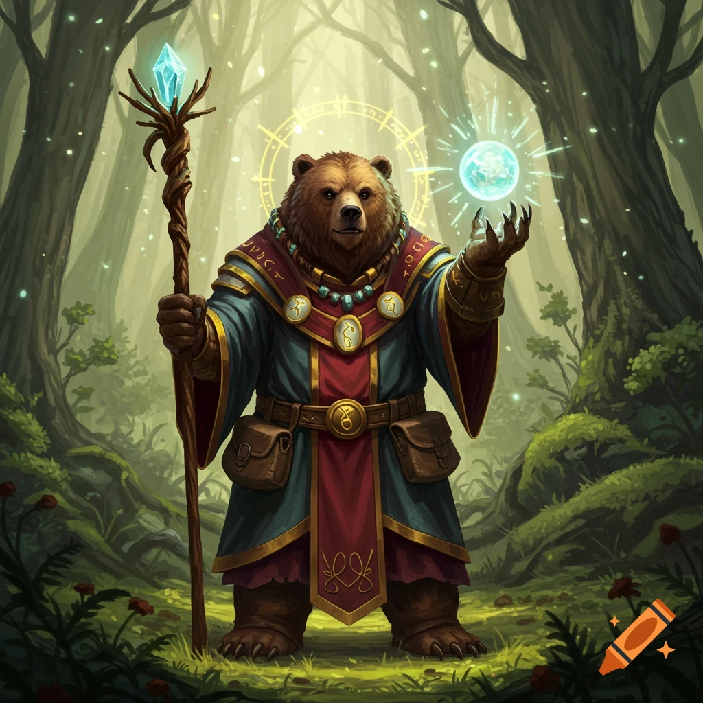A majestic bear dressed in ornate cleric robes holds a crystal-topped staff and a glowing magical orb in a mystical forest. Stylized art.