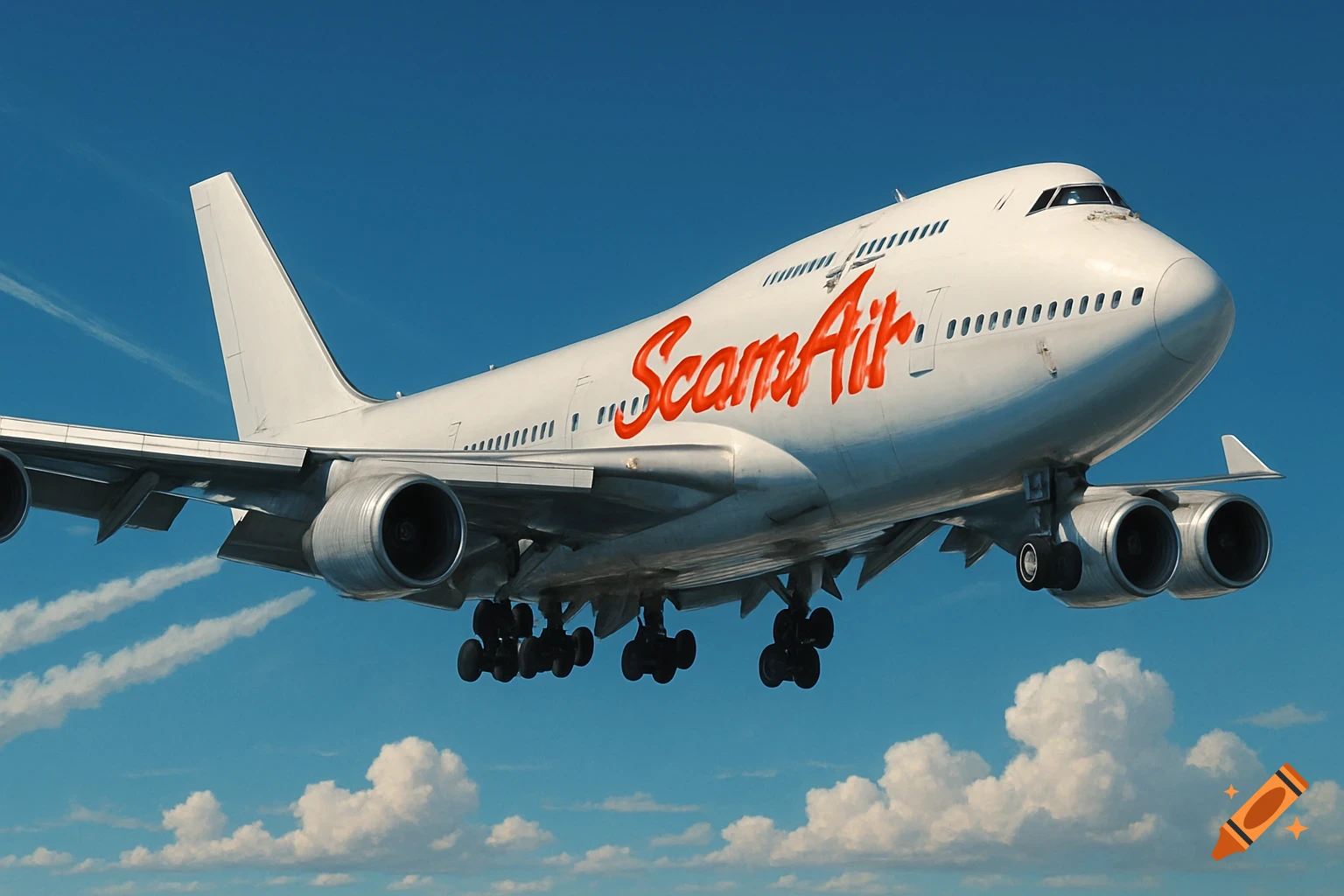 A white Boeing 747 airplane with "ScamAir" in red lettering on its side, flying in a clear blue sky with white clouds.