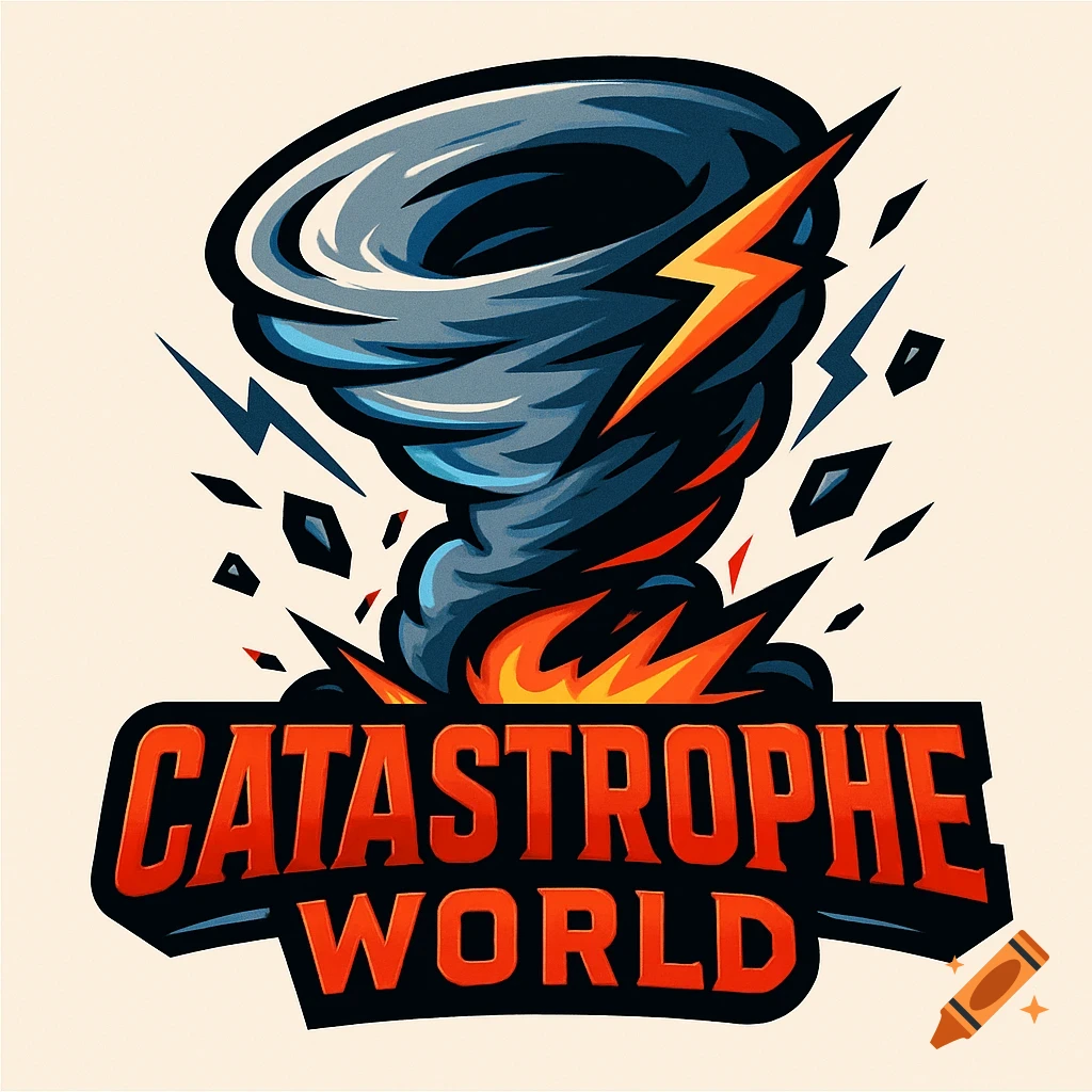 A colorful logo for Catastrophe World, featuring a stylized tornado, lightning bolt, and fire below the text.