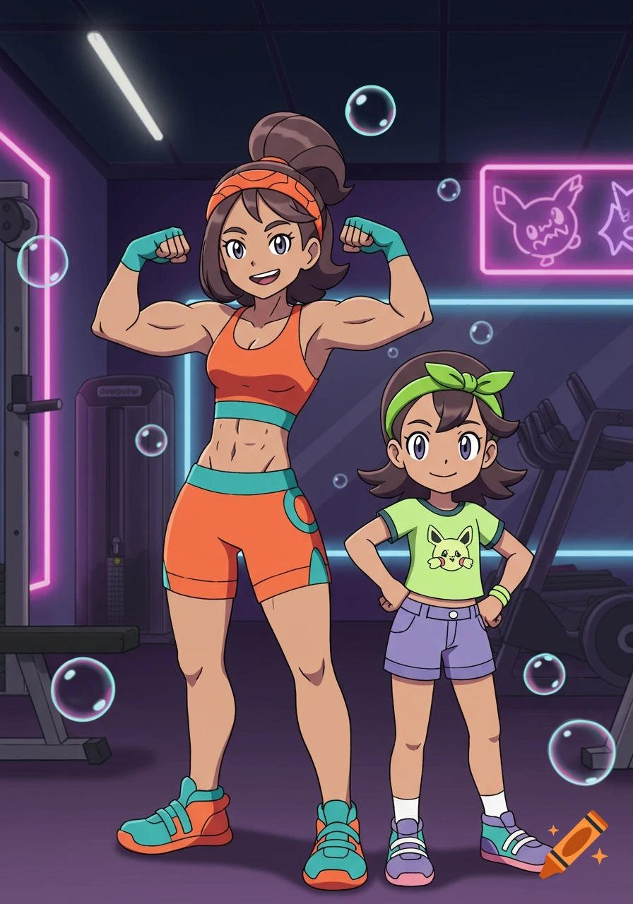 A muscular woman and a young girl pose in a gym with neon lights and a Pokémon sign, in a cartoon style.