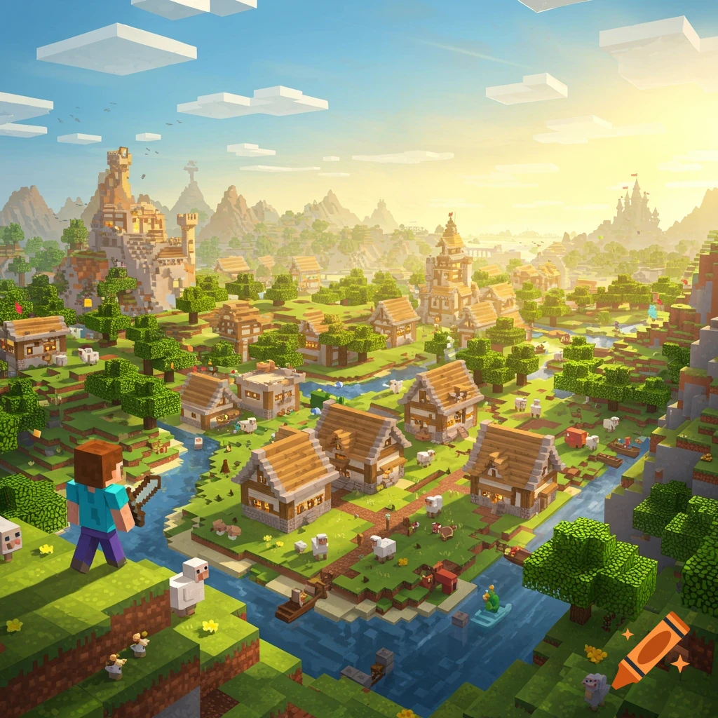 A vibrant, blocky Minecraft landscape with a village, mountains, rivers, and a Steve-like character holding a sword.