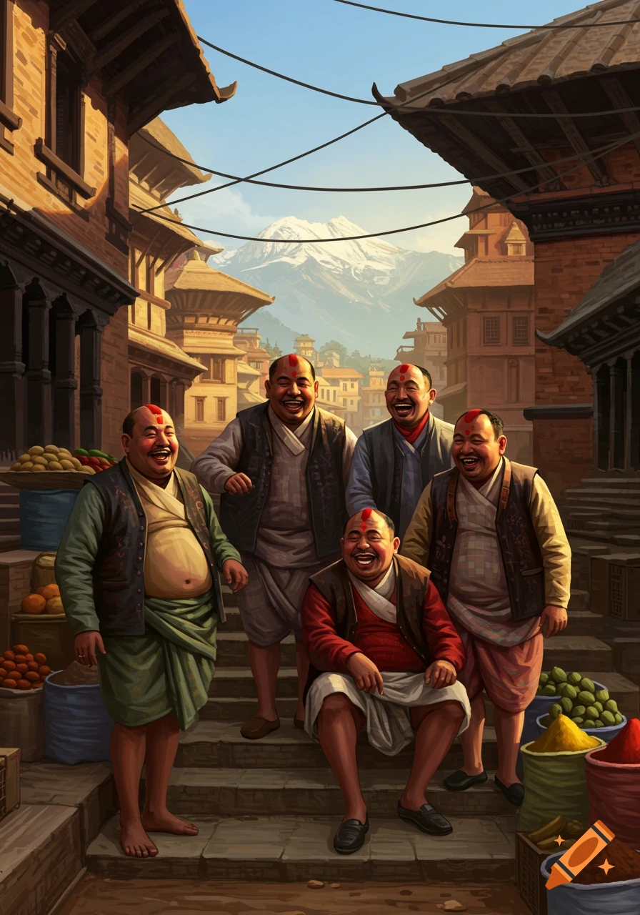 Five laughing Nepalese men in traditional attire stand and sit on steps in a bustling market street with old buildings and snow-capped mountains in the background. Illustrative style.