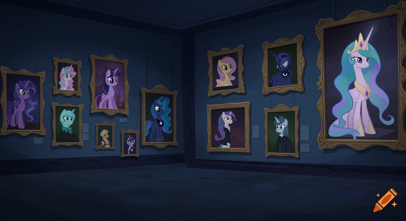 Cartoon art gallery displaying framed portraits of various My Little Pony characters in a dark, quiet setting.